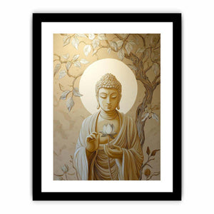 Ivory Buddha lotus canvas art with leaves for elegant neutral spiritual decor.