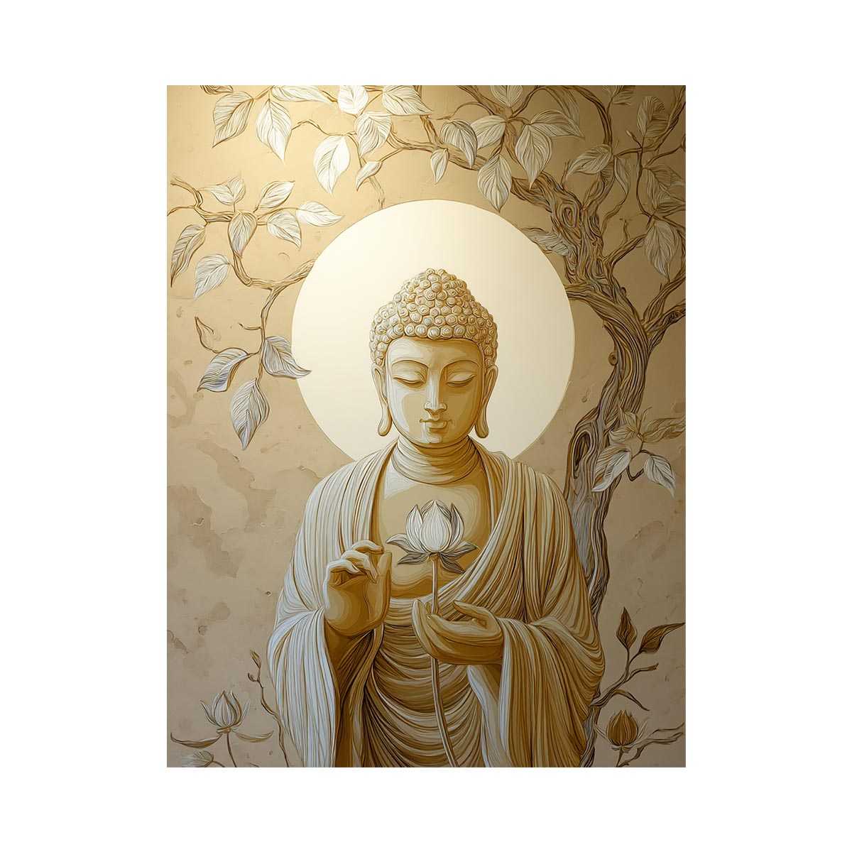 Ivory Buddha lotus canvas art with leaves for elegant neutral spiritual decor.