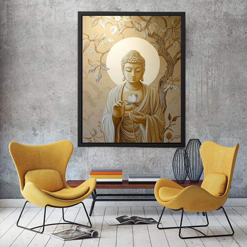 Ivory Buddha lotus canvas art with leaves for elegant neutral spiritual decor.