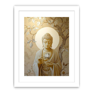 Ivory Buddha lotus canvas art with leaves for elegant neutral spiritual decor.
