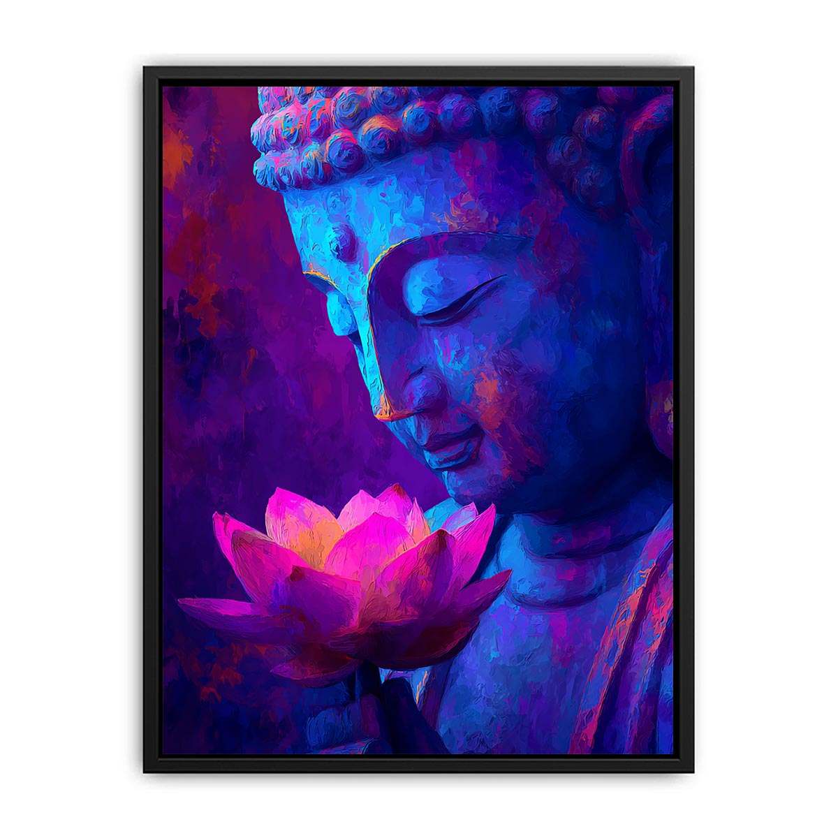 Blue Buddha portrait with glowing lotus flower for peaceful modern spiritual room decor.