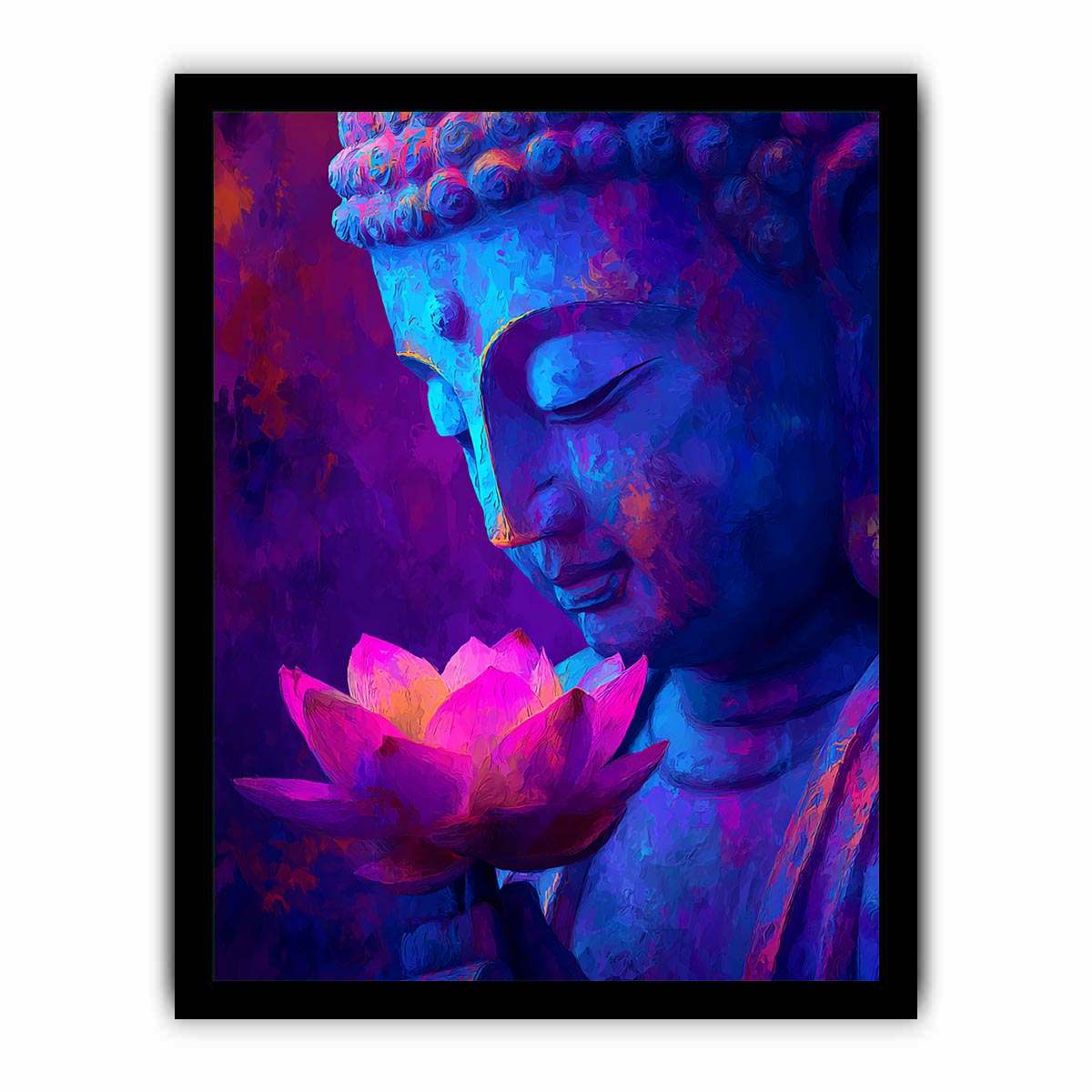 Blue Buddha portrait with glowing lotus flower for peaceful modern spiritual room decor.