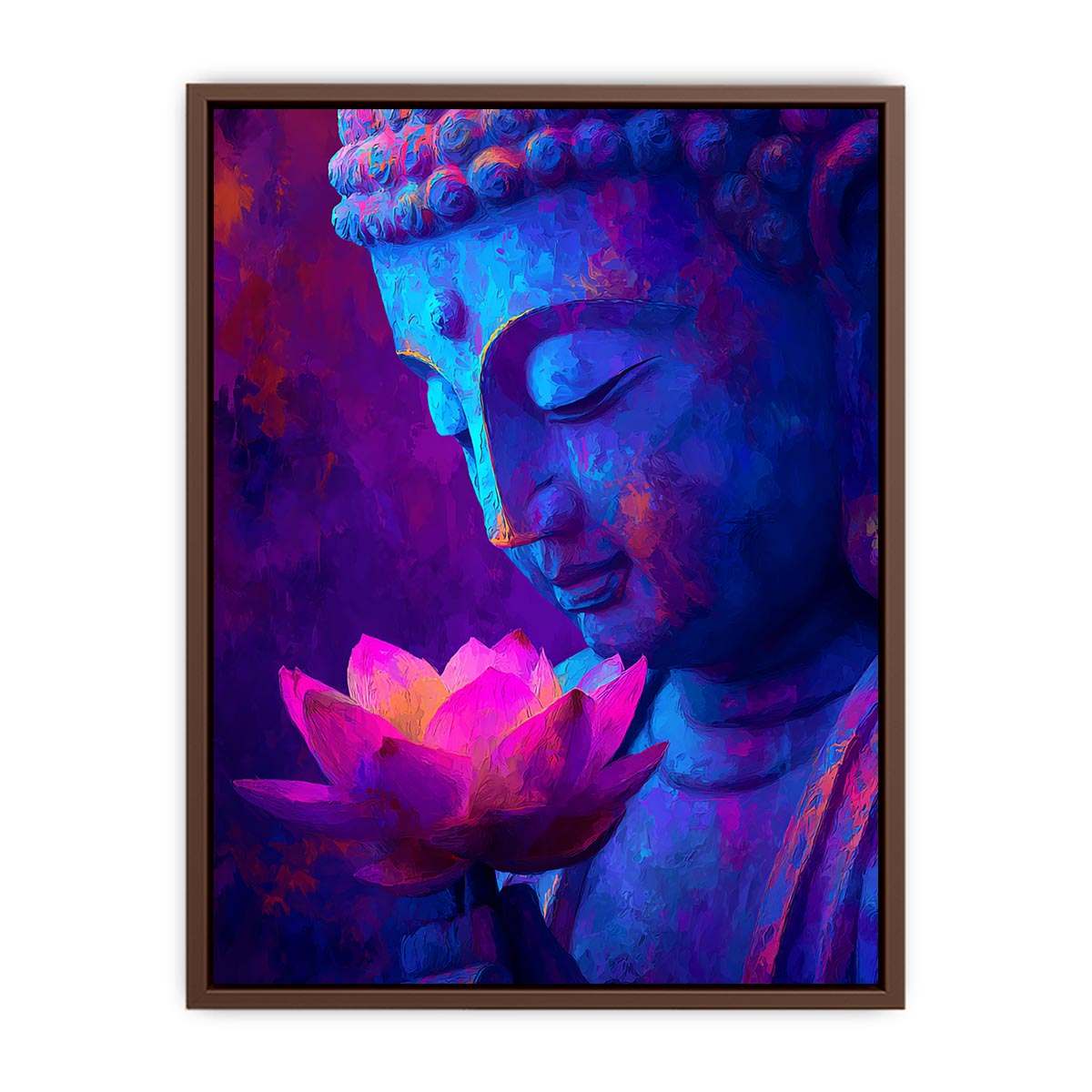Blue Buddha portrait with glowing lotus flower for peaceful modern spiritual room decor.