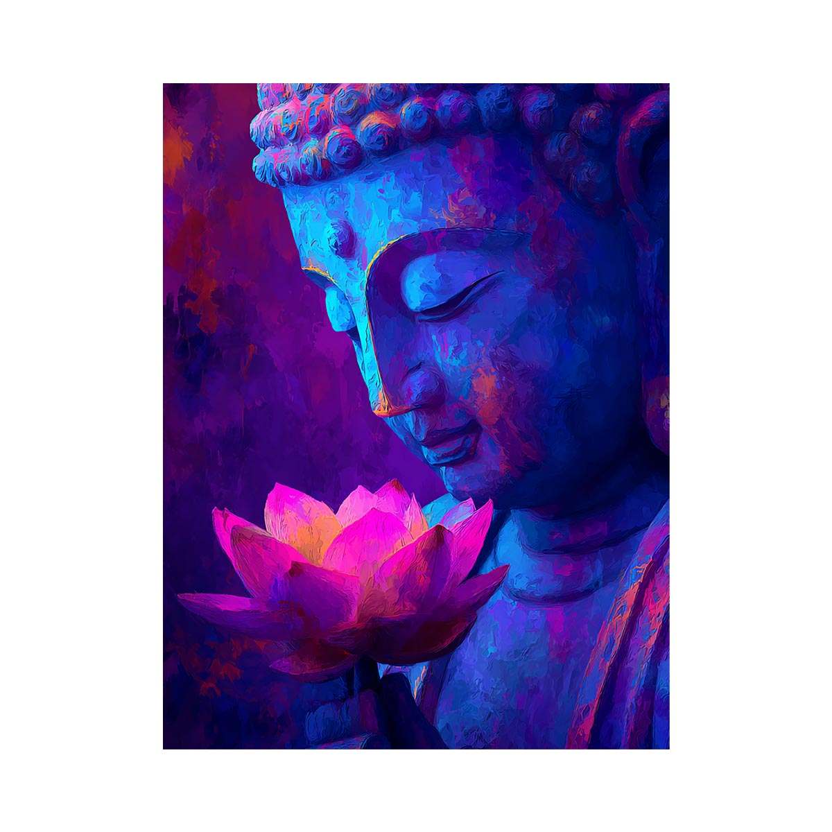 Blue Buddha portrait with glowing lotus flower for peaceful modern spiritual room decor.