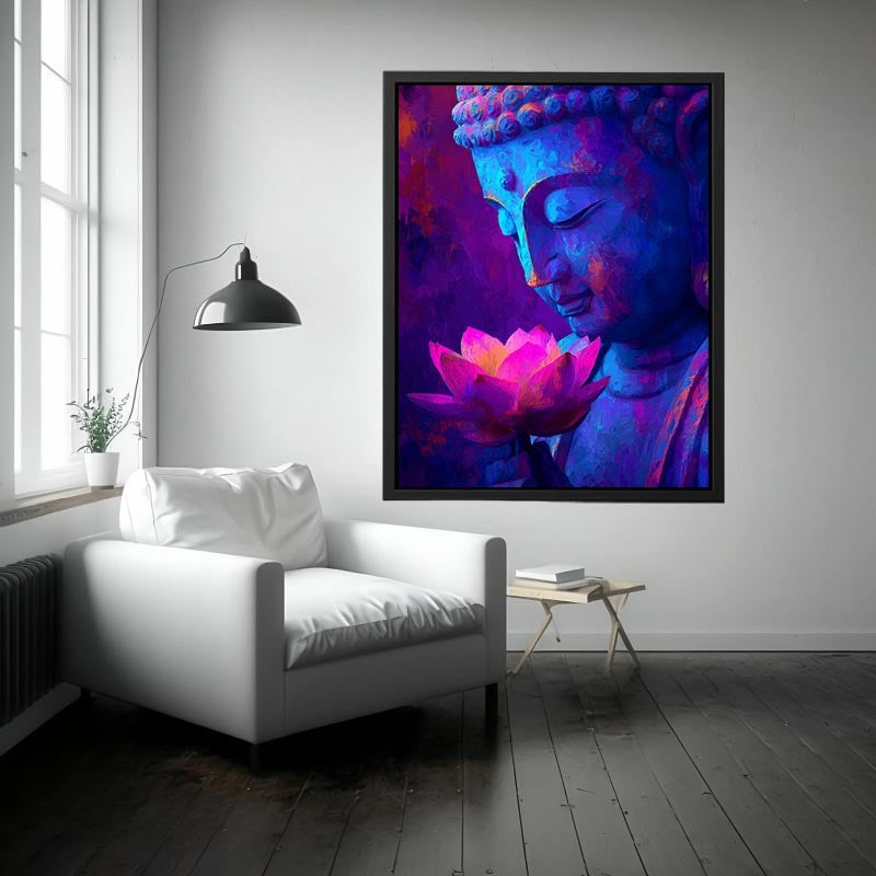 Blue Buddha portrait with glowing lotus flower for peaceful modern spiritual room decor.