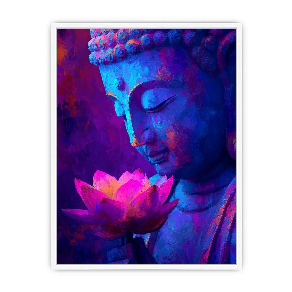 Blue Buddha portrait with glowing lotus flower for peaceful modern spiritual room decor.