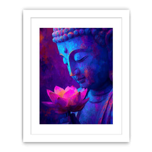 Blue Buddha portrait with glowing lotus flower for peaceful modern spiritual room decor.