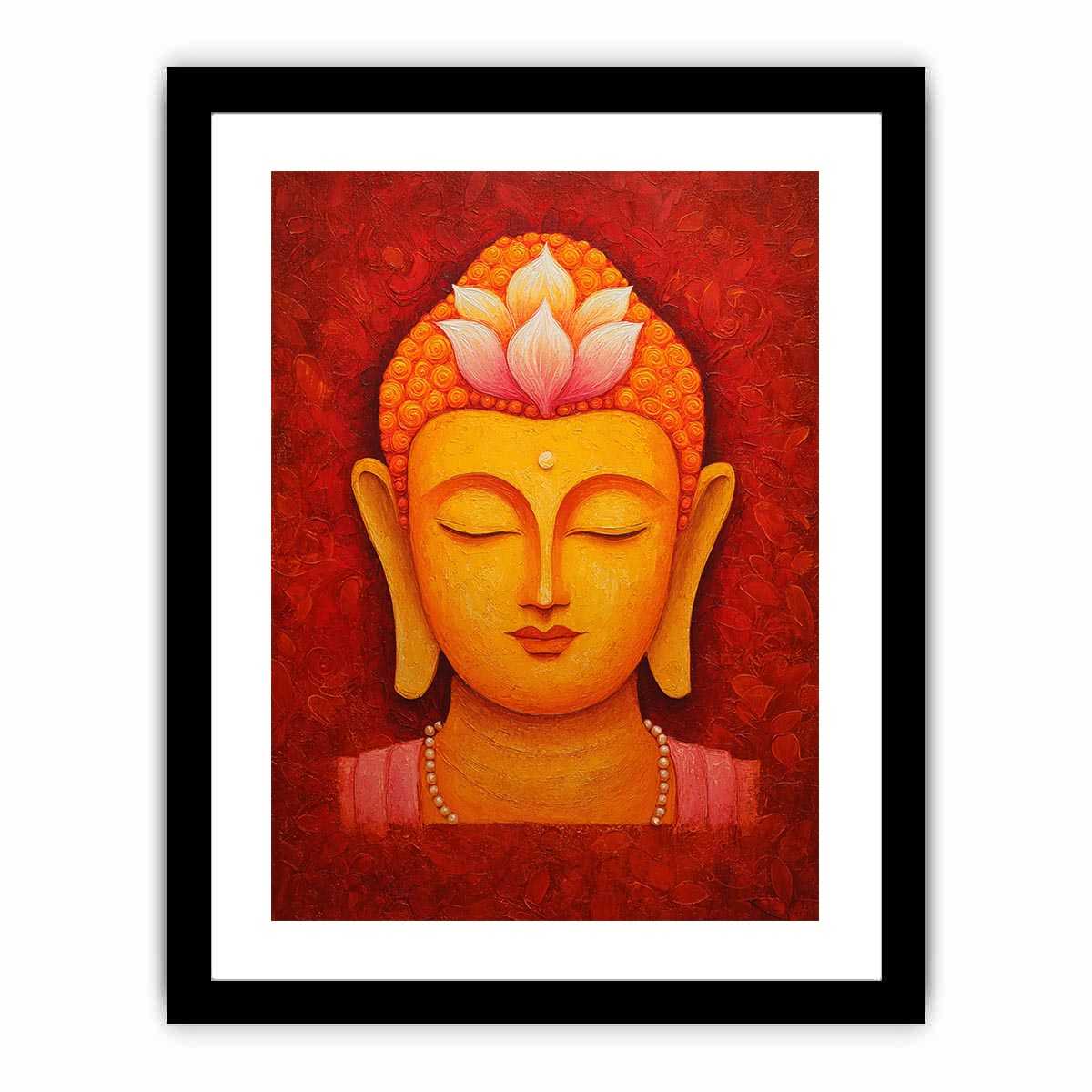 Golden Buddha face with lotus crown for warm spiritual living room or meditation decor.