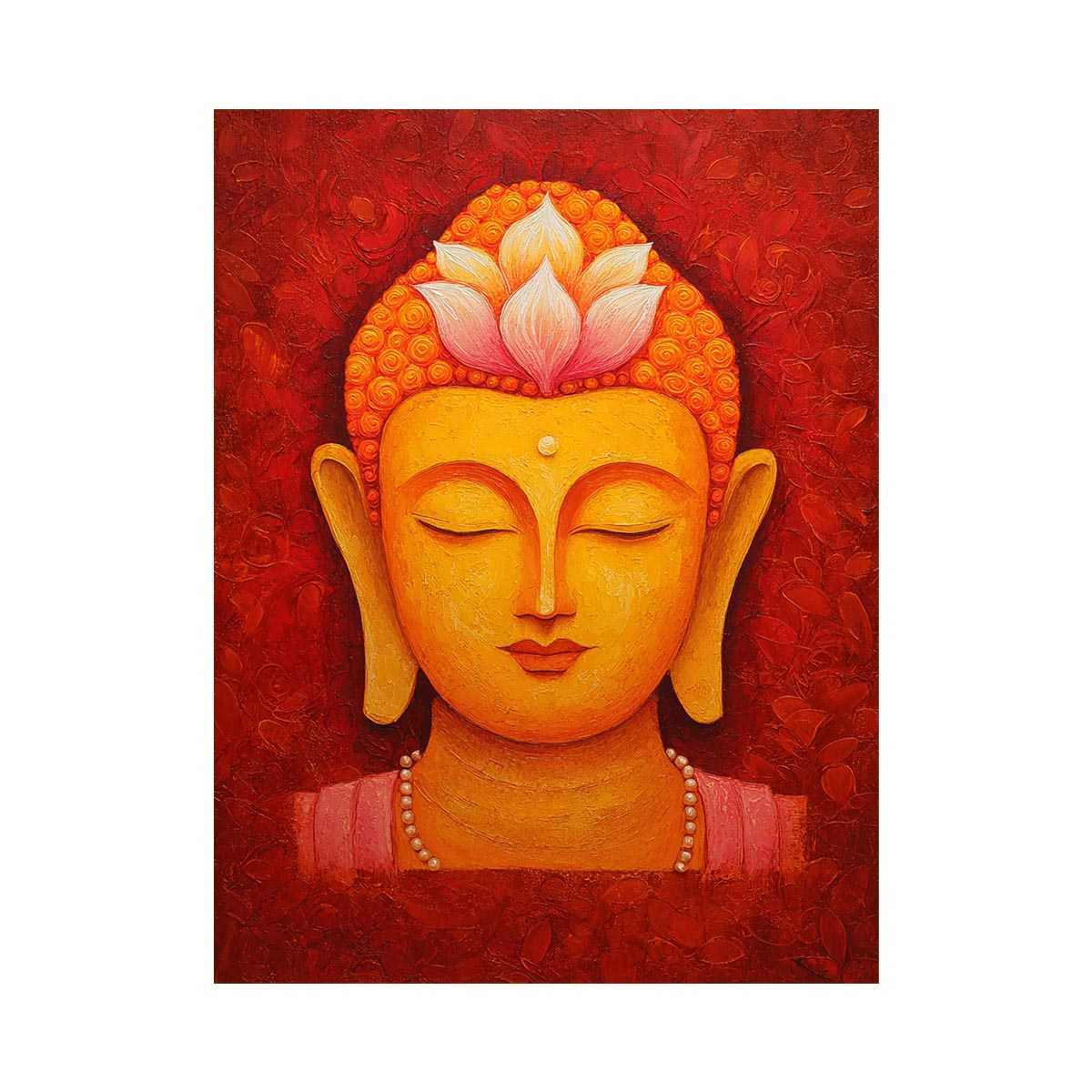 Golden Buddha face with lotus crown for warm spiritual living room or meditation decor.