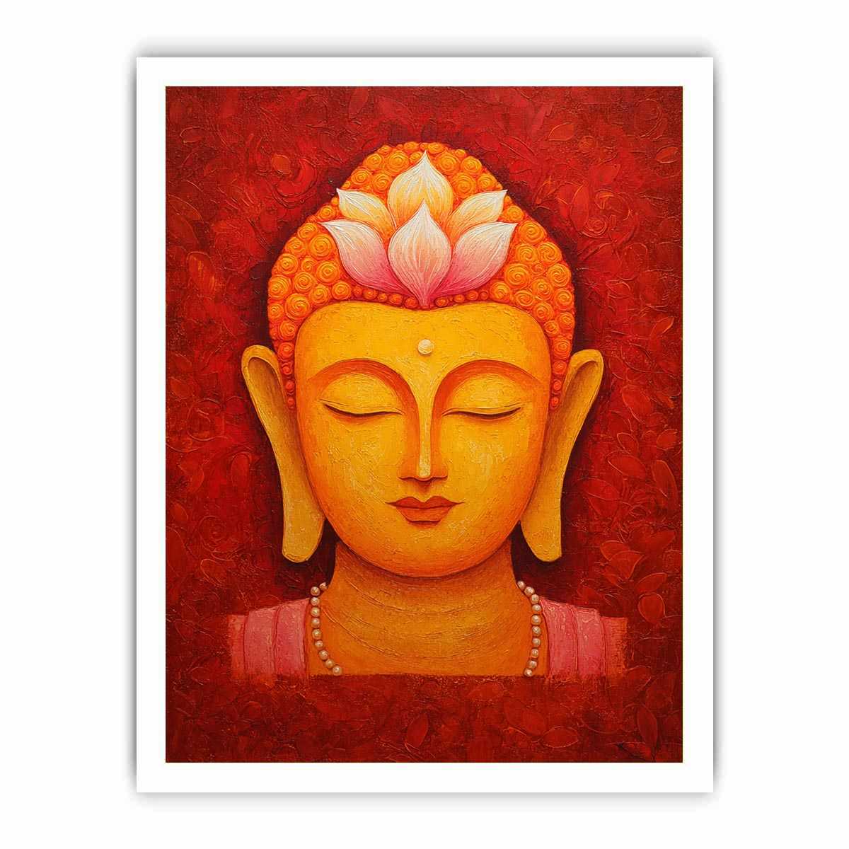 Golden Buddha face with lotus crown for warm spiritual living room or meditation decor.
