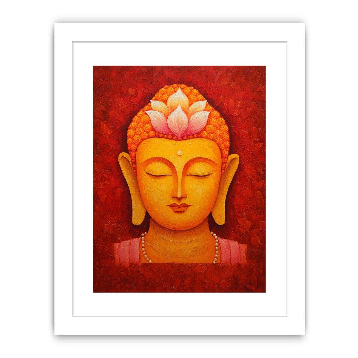 Golden Buddha face with lotus crown for warm spiritual living room or meditation decor.