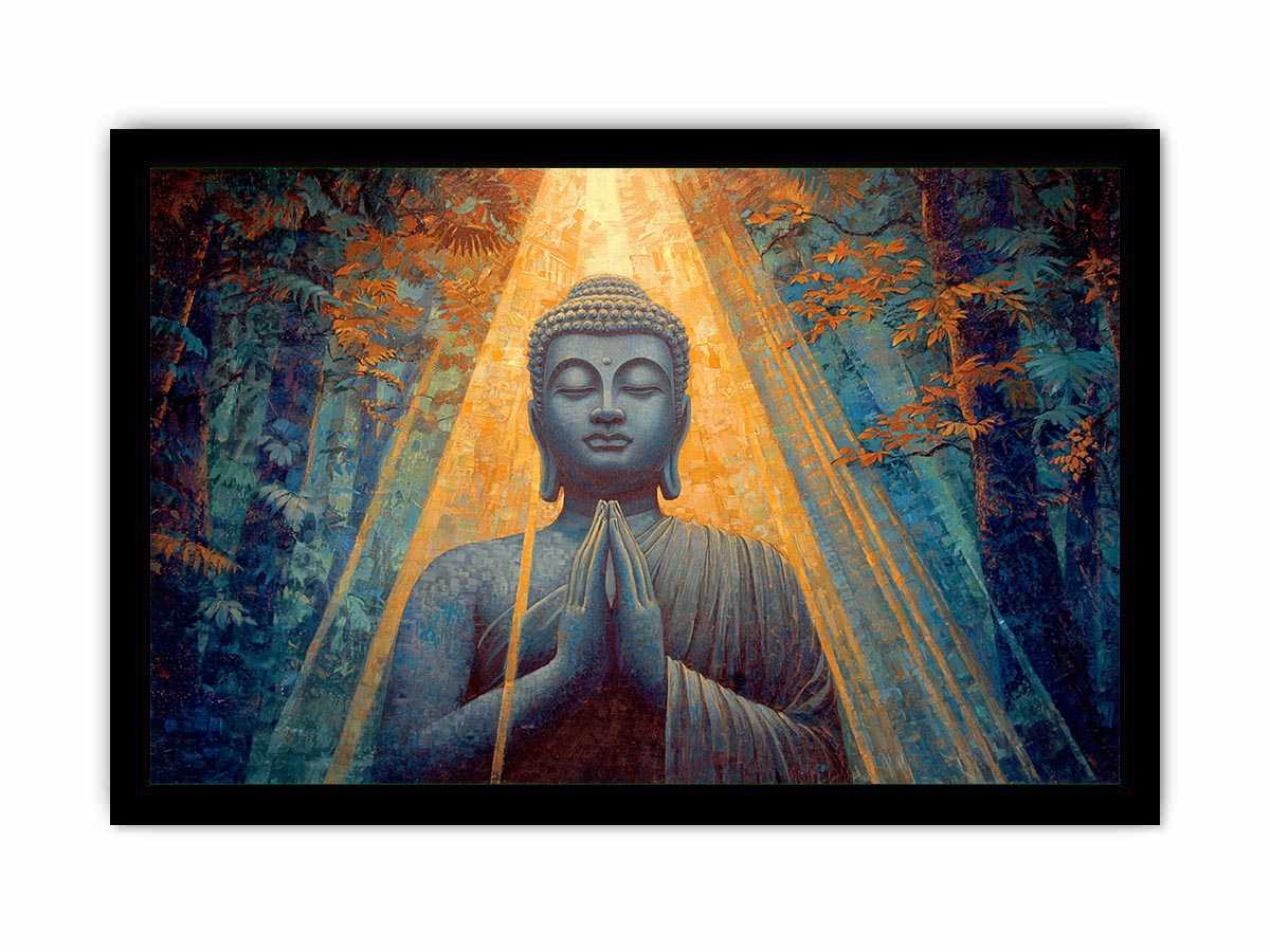 Seated Buddha in forest light for peaceful horizontal spiritual canvas wall art.