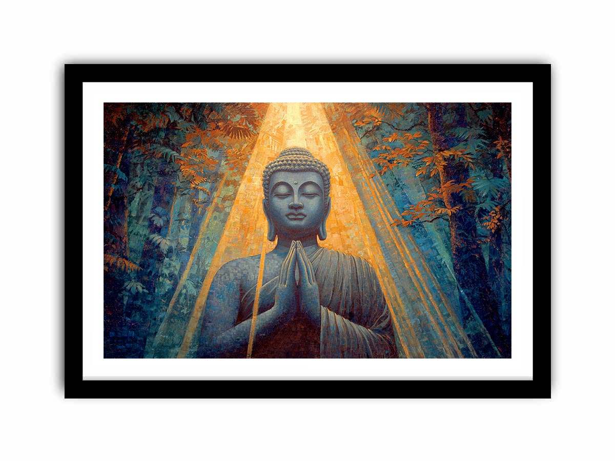 Seated Buddha in forest light for peaceful horizontal spiritual canvas wall art.
