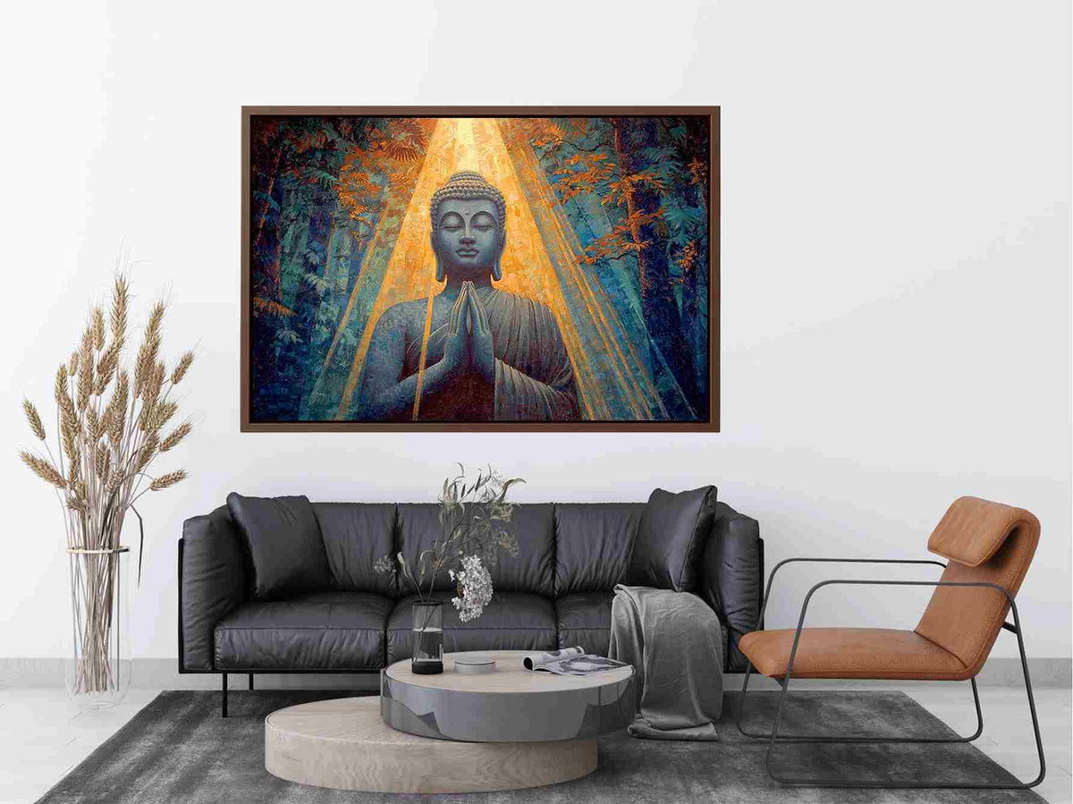 Seated Buddha in forest light for peaceful horizontal spiritual canvas wall art.