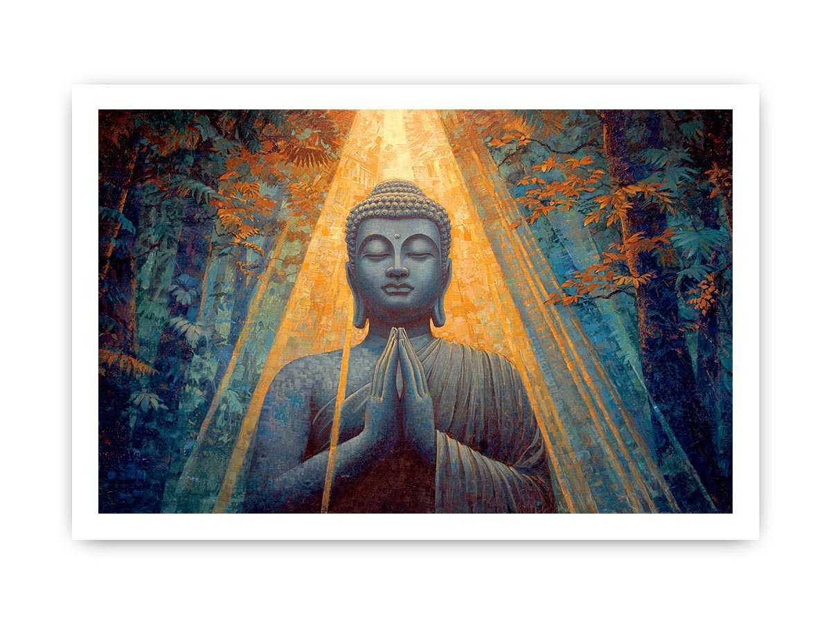 Seated Buddha in forest light for peaceful horizontal spiritual canvas wall art.