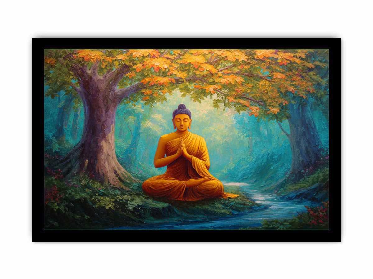 Seated Buddha in peaceful forest with stream for calming spiritual canvas decor.
