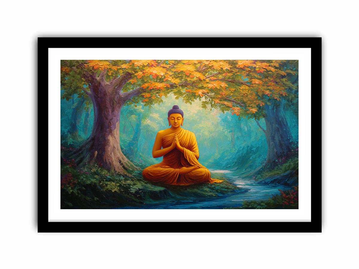 Seated Buddha in peaceful forest with stream for calming spiritual canvas decor.