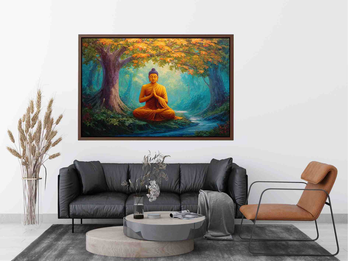 Seated Buddha in peaceful forest with stream for calming spiritual canvas decor.