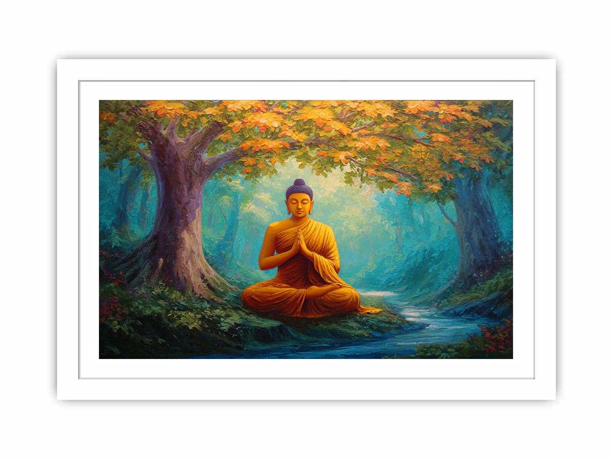 Seated Buddha in peaceful forest with stream for calming spiritual canvas decor.