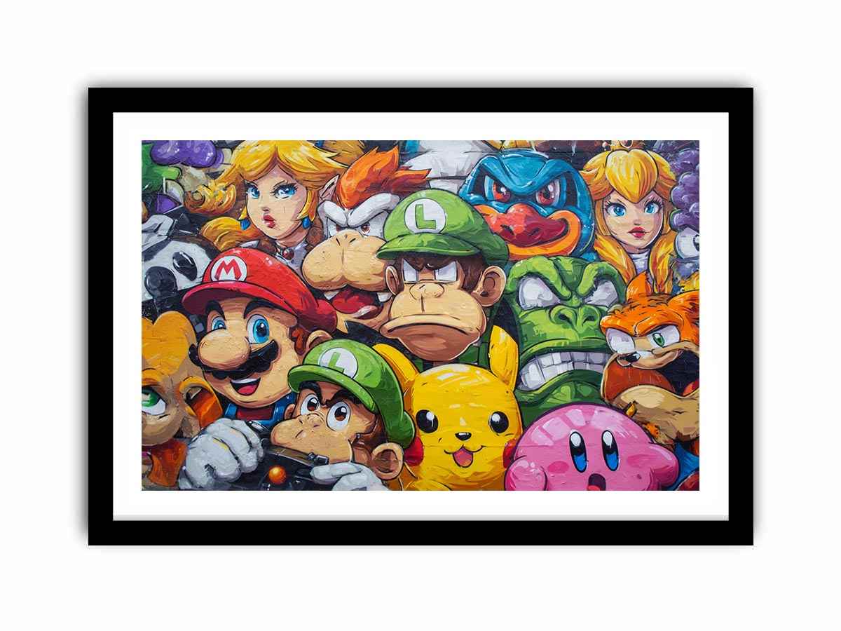 Colourful cartoon gaming collage for playful teen bedroom or game room wall decor.