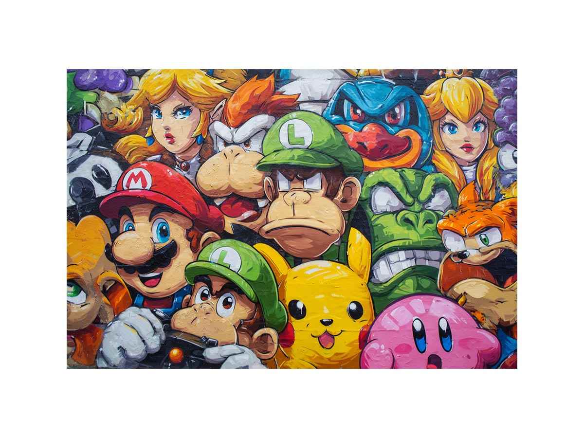 Colourful cartoon gaming collage for playful teen bedroom or game room wall decor.