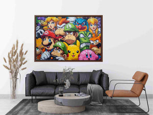 Colourful cartoon gaming collage for playful teen bedroom or game room wall decor.