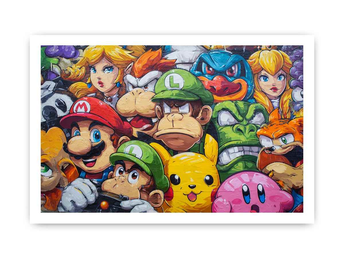 Colourful cartoon gaming collage for playful teen bedroom or game room wall decor.