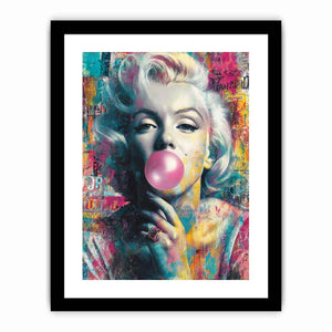 Blonde pop art portrait blowing pink bubblegum for bold modern fashion wall decor.