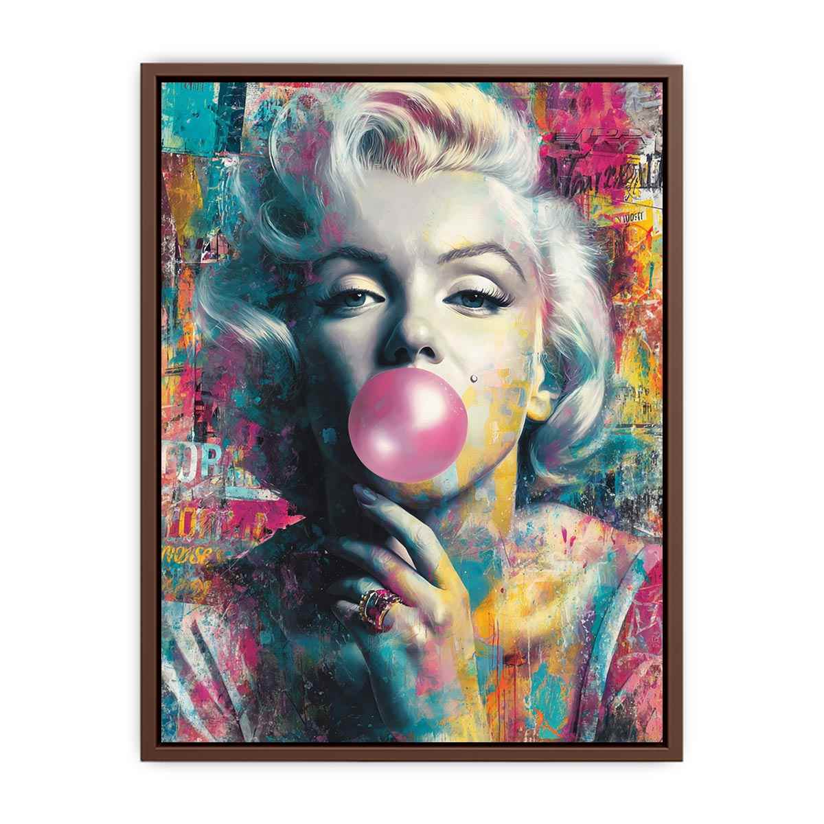 Blonde pop art portrait blowing pink bubblegum for bold modern fashion wall decor.