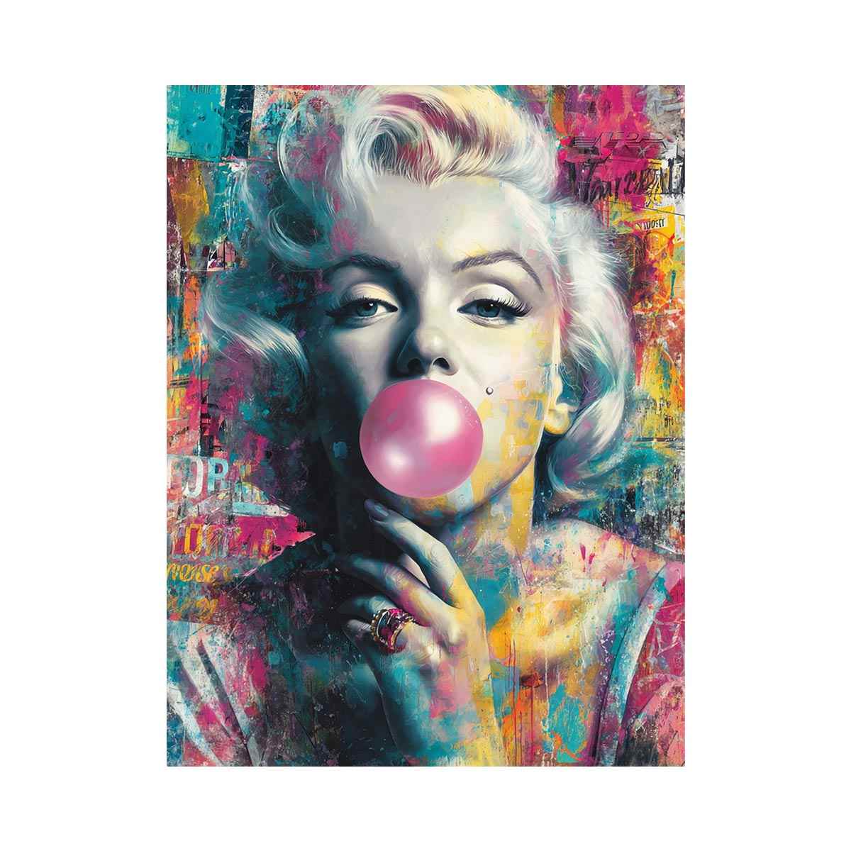 Blonde pop art portrait blowing pink bubblegum for bold modern fashion wall decor.