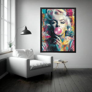 Blonde pop art portrait blowing pink bubblegum for bold modern fashion wall decor.