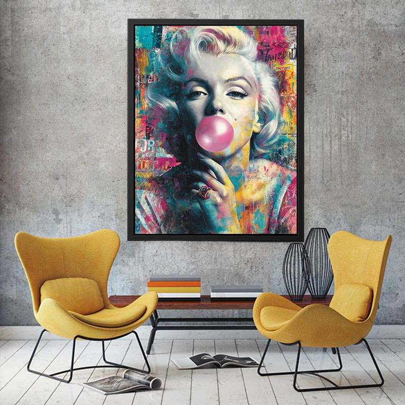 Blonde pop art portrait blowing pink bubblegum for bold modern fashion wall decor.