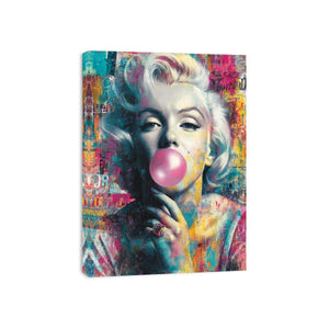 Blonde pop art portrait blowing pink bubblegum for bold modern fashion wall decor.