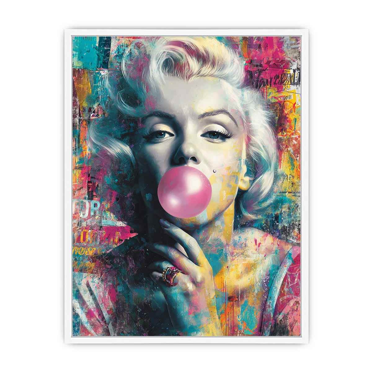Blonde pop art portrait blowing pink bubblegum for bold modern fashion wall decor.