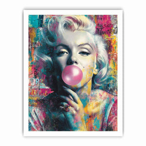 Blonde pop art portrait blowing pink bubblegum for bold modern fashion wall decor.