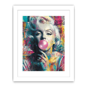 Blonde pop art portrait blowing pink bubblegum for bold modern fashion wall decor.
