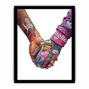 Colourful clasped hands with heart details for modern love themed wall decor.