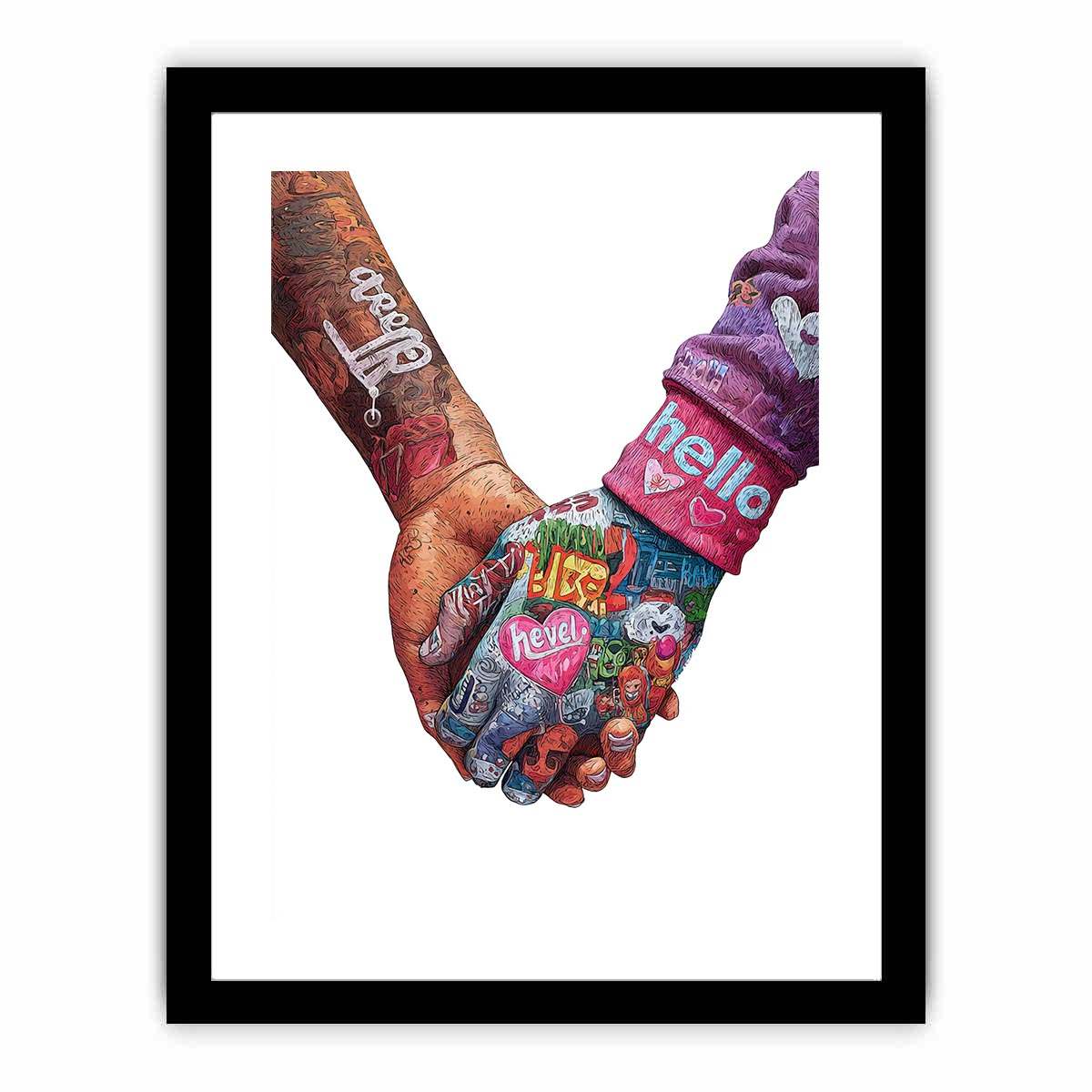 Colourful clasped hands with heart details for modern love themed wall decor.