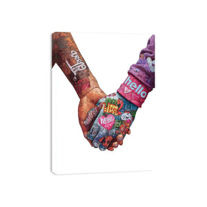Colourful clasped hands with heart details for modern love themed wall decor.