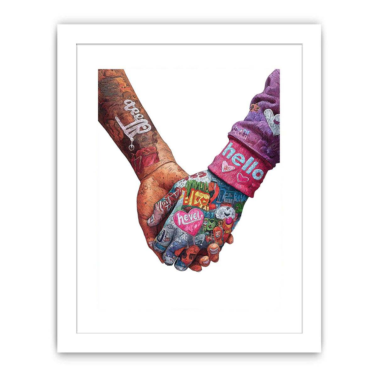 Colourful clasped hands with heart details for modern love themed wall decor.