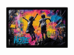 Children jumping before colourful graffiti wall for uplifting modern urban canvas art.