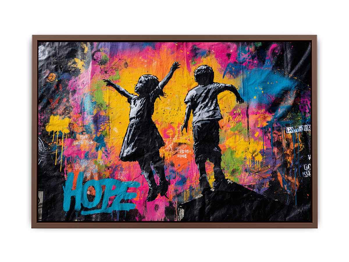 Children jumping before colourful graffiti wall for uplifting modern urban canvas art.