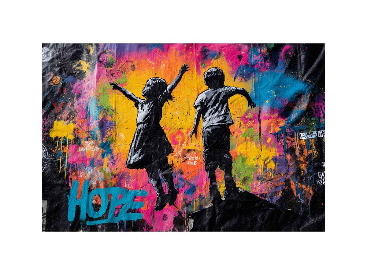 Children jumping before colourful graffiti wall for uplifting modern urban canvas art.