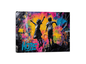Children jumping before colourful graffiti wall for uplifting modern urban canvas art.