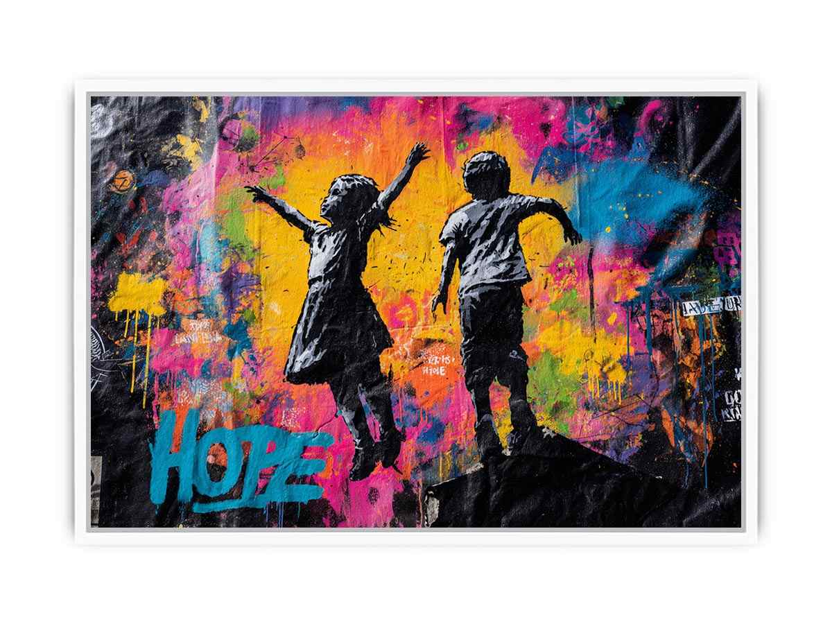 Children jumping before colourful graffiti wall for uplifting modern urban canvas art.