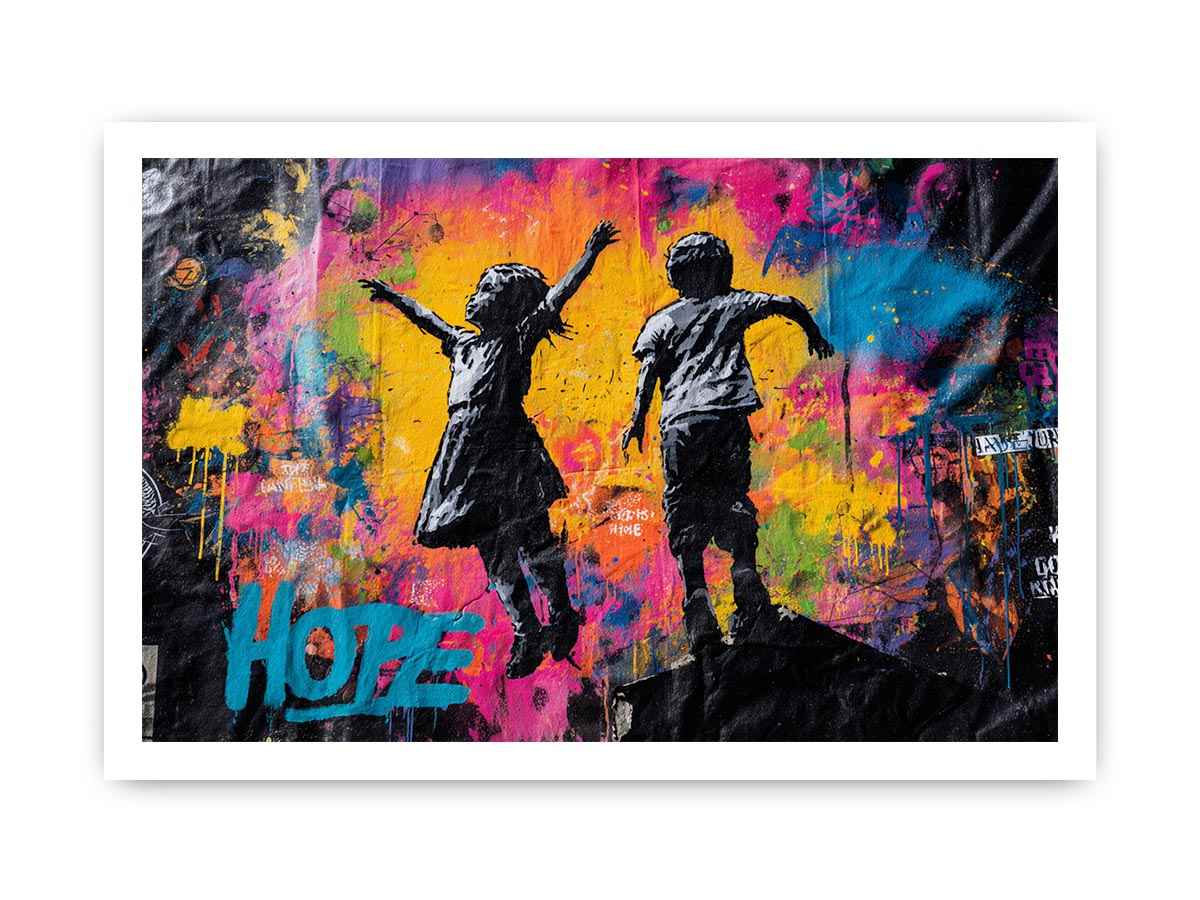 Children jumping before colourful graffiti wall for uplifting modern urban canvas art.