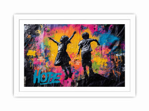 Children jumping before colourful graffiti wall for uplifting modern urban canvas art.