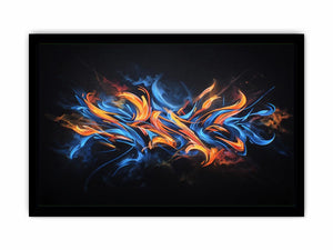 Blue and orange abstract strokes on black for bold modern living room wall art.