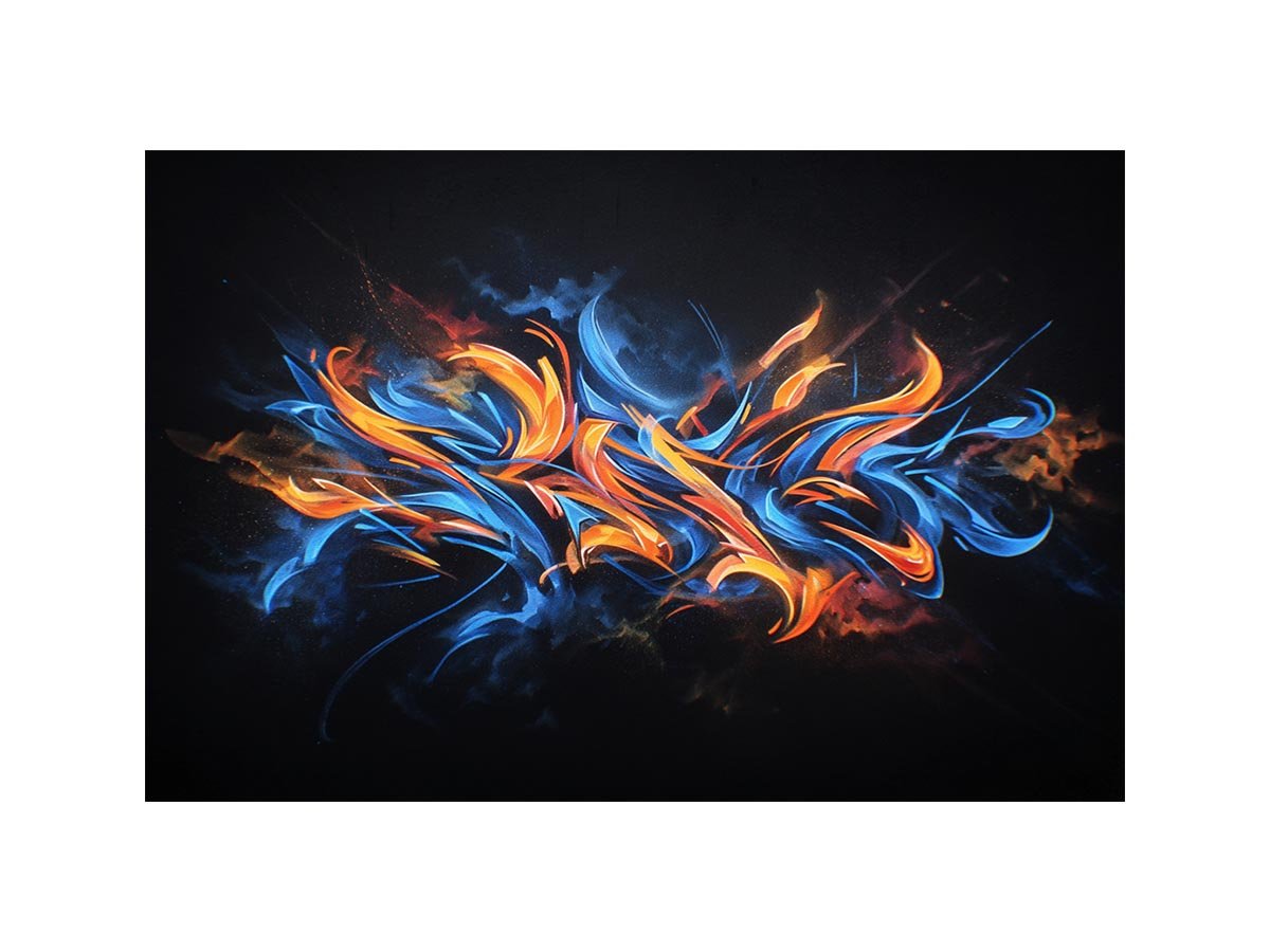 Blue and orange abstract strokes on black for bold modern living room wall art.
