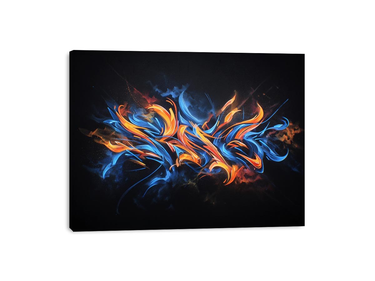 Blue and orange abstract strokes on black for bold modern living room wall art.
